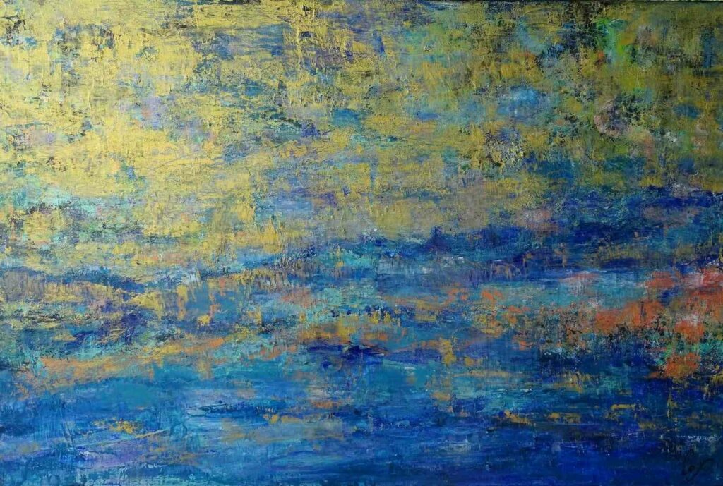 Promenade nocturne, peinture à l'huile de Corinne Foucouin, de la série Aquatique moyen format.