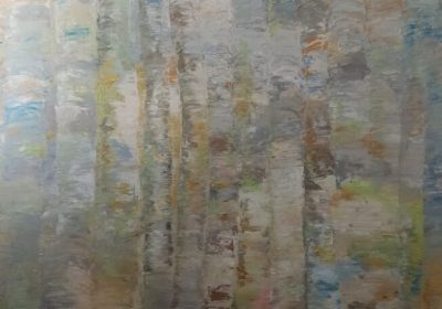 Un tableau de la série les arbres, grand format, qui s'appelle Subtilis. Une peinture à l'huile au couteau de l'artiste peintre Corinne Foucouin.